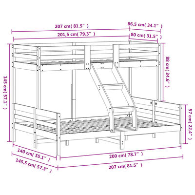 vidaXL divstāvu gulta, 80x200/140x200 cm, vaska brūna, priedes koks