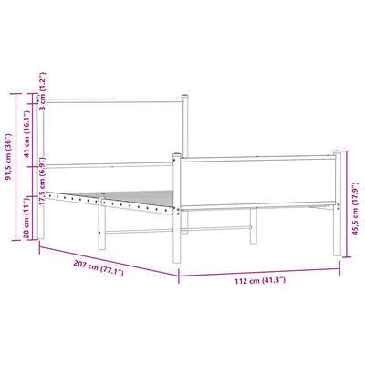 vidaXL gultas rāmis ar galvgali un kājgali, brūns metāls, 107x203 cm