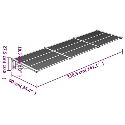 vidaXL durvju jumtiņš, pelēks, caurspīdīgs, 358,5x90 cm, polikarbonāts