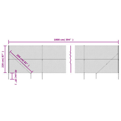 vidaXL stiepļu žogs ar zemes mietiņiem, sudraba krāsā, 2,2x10 m