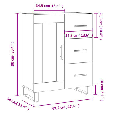 vidaXL kumode, pelēka ozolkoka, 69,5x34x90 cm, inženierijas koks