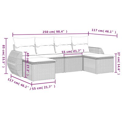 vidaXL 6-daļīgs dārza dīvānu komplekts,matrači, gaiši pelēka PE pinums