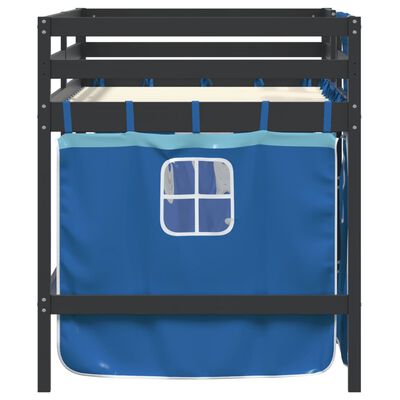 vidaXL bērnu gulta ar aizkariem, zili, 90x190 cm, priedes masīvkoks