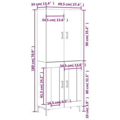 vidaXL augstais skapis, pelēks, 69,5x34x180 cm, inženierijas koks