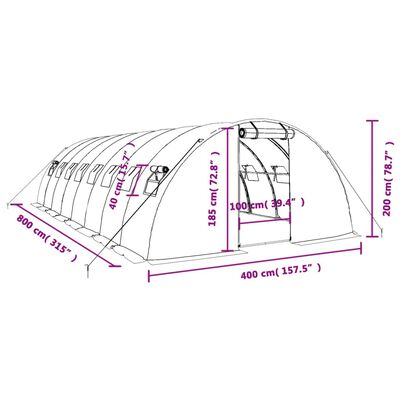 vidaXL siltumnīca ar tērauda rāmi, balta, 32 m², 8x4x2 m