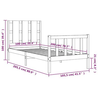 vidaXL gultas rāmis ar galvgali, melns, 100x200 cm, masīvkoks