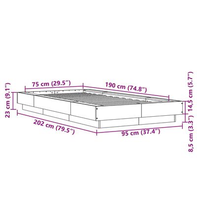 vidaXL gultas rāmis, ozolkoka krāsā, 75x190 cm, inženierijas koks