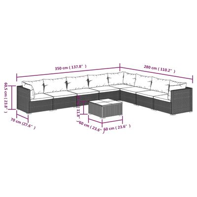 vidaXL 9-daļīgs dārza atpūtas mēbeļu komplekts, brūna PE rotangpalma