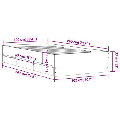 vidaXL gultas rāmis ar atvilktnēm, betona pelēks, 100x200 cm