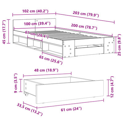 vidaXL gultas rāmis ar atvilktni, pelēka ozola, 100x200 cm