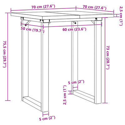 vidaXL virtuves galds, O-rāmis, 70x70x75,5 cm, priedes koks, čuguns