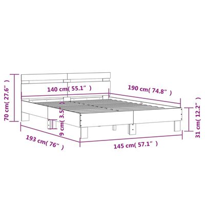 vidaXL gultas rāmis ar galvgali, ozola, 140x190 cm, inženierijas koks