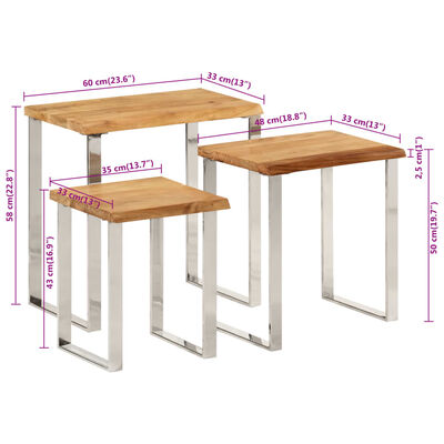 vidaXL galdiņi, 3 gab., ar dabīgas formas malu, sabīdāmi, akācija