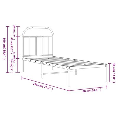 vidaXL gultas rāmis ar galvgali, melns metāls, 75x190 cm