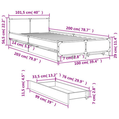 vidaXL gultas rāmis ar atvilktnēm, ozola, 100x200cm, inženierijas koks