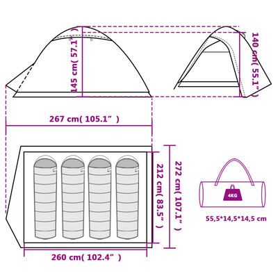 vidaXL kempinga telts, 4 personām, pelēka, oranža, ūdensizturīga