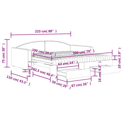 vidaXL izvelkams dīvāns ar atvilktnēm, krēmkrāsas audums, 100x200 cm