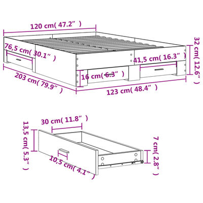 vidaXL gultas rāmis ar atvilktnēm, pelēka ozola, 120x200 cm