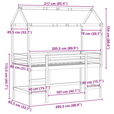 vidaXL augstā gulta ar jumtu, 80x200 cm, priedes masīvkoks