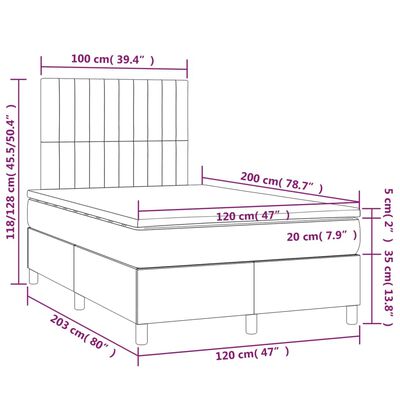 vidaXL atsperu gulta ar matraci, tumši pelēka samts, 120x200 cm