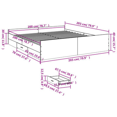 vidaXL gultas rāmis ar atvilktnēm, ozola, 200x200cm, inženierijas koks