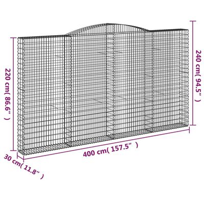 vidaXL arkveida gabiona grozs, 400x30x220/240 cm, cinkota dzelzs