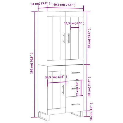 vidaXL augstais skapis, ozolkoka, 69,5x34x180 cm, inženierijas koks