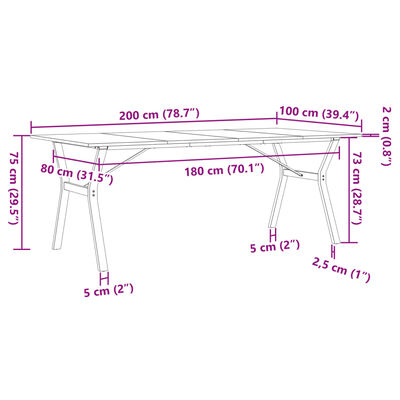 vidaXL virtuves galds, Y-rāmis, 200x100x75 cm, priedes koks, čuguns