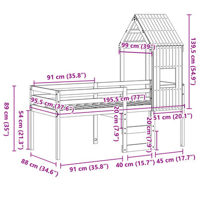 vidaXL augstā gulta ar jumtu vaska brūnas 90x190 cm priedes masīvkoks