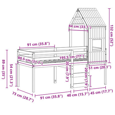 vidaXL augstā gulta ar jumtu vaska brūnas 75x190 cm priedes masīvkoks