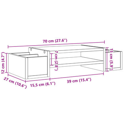 vidaXL monitora paliktnis ar plauktu, brūna ozola, 70x27x15 cm