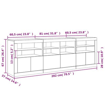 vidaXL kumode ar LED lampiņām, balta, 202x37x67 cm