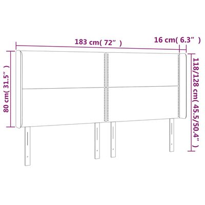 vidaXL gultas galvgalis ar LED, 183x16x118/128 cm, balta mākslīgā āda