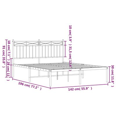 vidaXL gultas rāmis ar galvgali, balts metāls, 135x190 cm