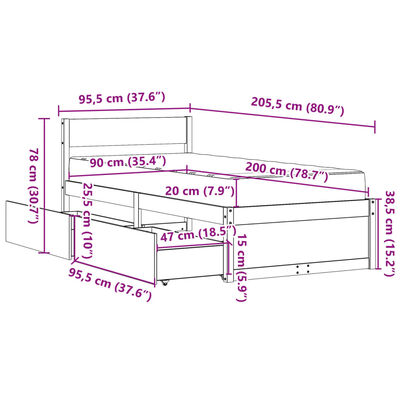 vidaXL gulta ar atvilktnēm un matraci, 90x200 cm, priedes koks