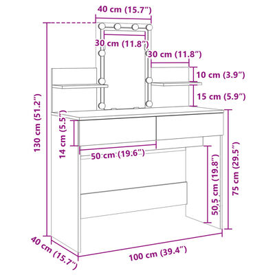 vidaXL spoguļgaldiņš ar LED, ozolkoka krāsa, 100x40x130 cm