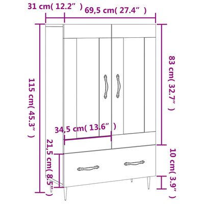 vidaXL augstais skapītis, balts, 69,5x31x115 cm, inženierijas koks