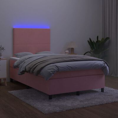 vidaXL atsperu gulta ar matraci, LED, rozā samts, 120x190 cm