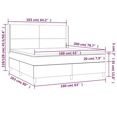 vidaXL atsperu gulta ar matraci, LED, tumši zils samts, 160x200 cm