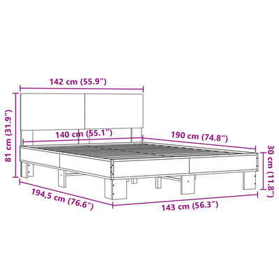 vidaXL gultas rāmis, pelēka ozola,140x190cm, inženierijas koks, metāls