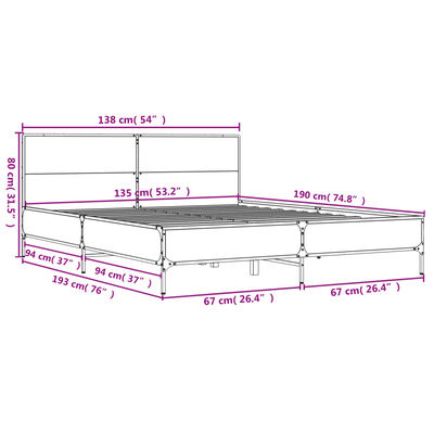 vidaXL gultas rāmis, ozola krāsā, 135x190cm, inženierijas koks, metāls