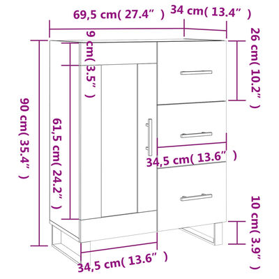 vidaXL kumode, ozolkoka krāsa, 69,5x34x90 cm, inženierijas koks