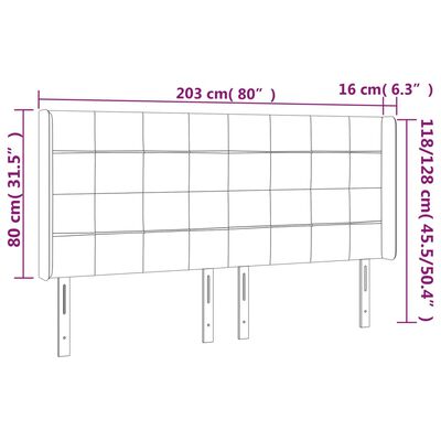 vidaXL gultas galvgalis ar LED, 203x16x118/128 cm, tumši zaļš samts