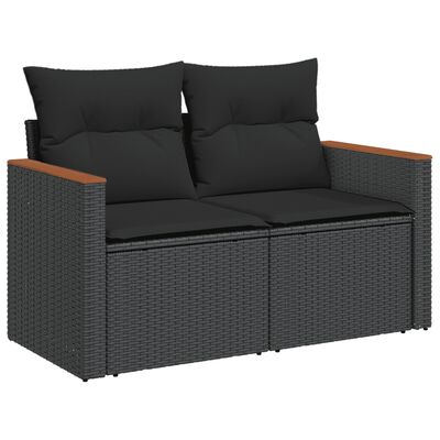 vidaXL 10-daļīgs dārza dīvāna komplekts, matrači, melna PE rotangpalma