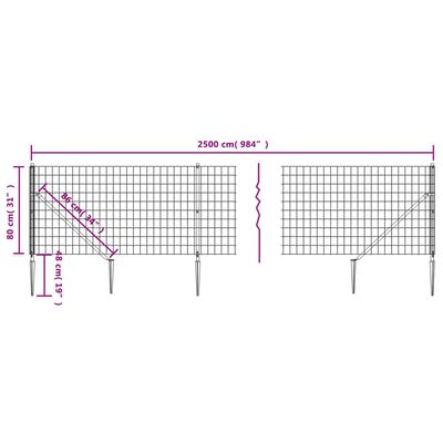 vidaXL stiepļu žogs ar zemes mietiņiem, antracītpelēks, 0,8x25 m