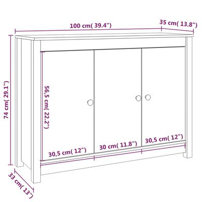 vidaXL kumode, balta, 100x35x74 cm, priedes masīvkoks