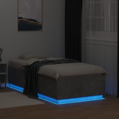 vidaXL gultas rāmis ar LED, betona pelēks, 90x190cm, inženierijas koks