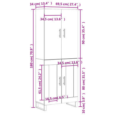 vidaXL augstais skapis, balts, 69,5x34x180 cm, inženierijas koks