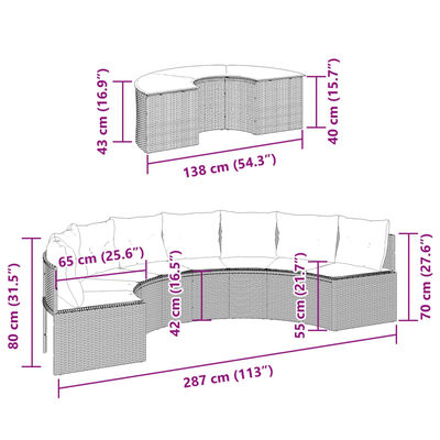 vidaXL 2-daļīgs dārza dīvāna komplekts, pusaplis, bēša PE rotangpalma