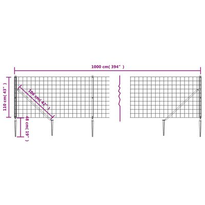 vidaXL stiepļu žogs ar zemes mietiņiem, antracītpelēks, 1,1x10 m